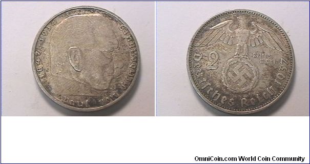 Third Reich
1937-A
2 REICHS MARKS
.625 silver