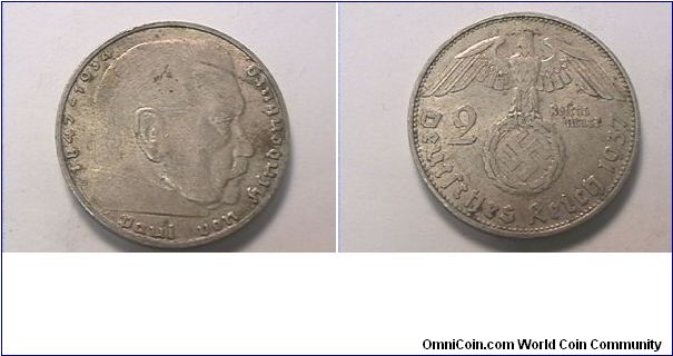 Third Reich
1937-D
2 REICHS MARK
.625 silver
