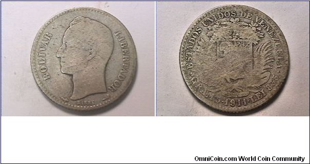 ESTADOS UNIDOS DE VENEZUELA GRAM 5 LEI 835
BOLIVAR LIBERTADOR
ONE BOLIVAR .835 silver