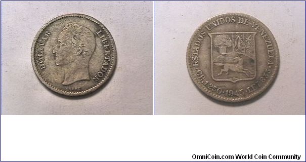 ESTADOS UNIDOS DE VENEZUELA GR. 1.250 LEI 835
BOLIVAR LIBERTADOR
1/4 BOLIVAR
.835 silver