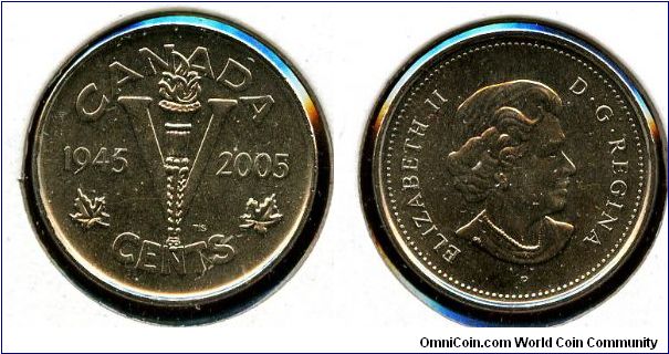 2005 
5 cents
60th anniversery of WWII
'V'
QEII