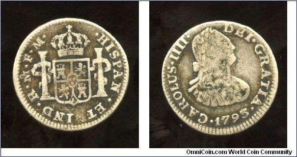 1793
Real
King of Spain & the Indies around crown & shield with collums
Charles IV  1788-1808
Mint Mrk o over M = Mexico City