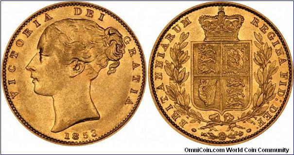 WW incuse. Spink recognises this as an important separate variety, whereas Marsh in 'The Gold Sovereign' merely states that 'These letters also appear incuse on some coins', and then ignores them. 1853 is one of only 3 known dates where both varieties exist.