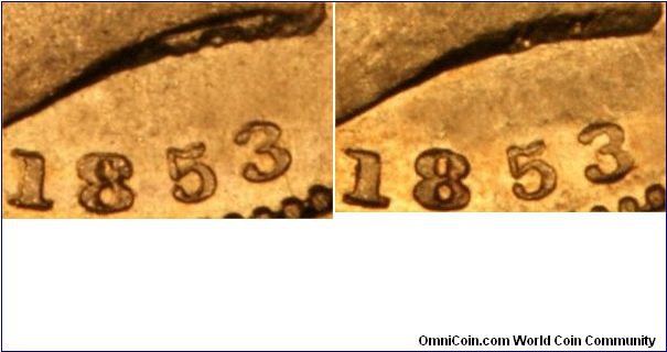 Close-Up of the date area showing the raised WW on the left, and incuse WW on the right. See also our two separate 1853 sovereign listings.