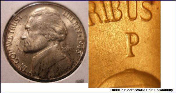 1943P Jefferson War Nickel, RPM#26
Purchased 11/17/07, Baltimore, Maryland Coin Show