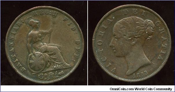 1853
1/2d Halfpenny
Brittania seated holding trident with shamrock/rose/thistle in ex
Queen Victoria 1837-1901
