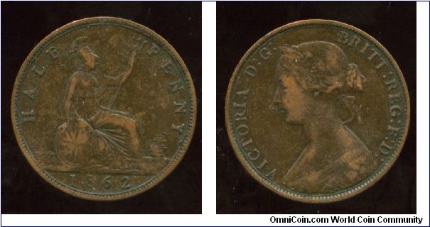 1862
1/2d Halfpenny
Brittania seated holding trident, lighthouse & ship
Queen Victoria 1837-1901