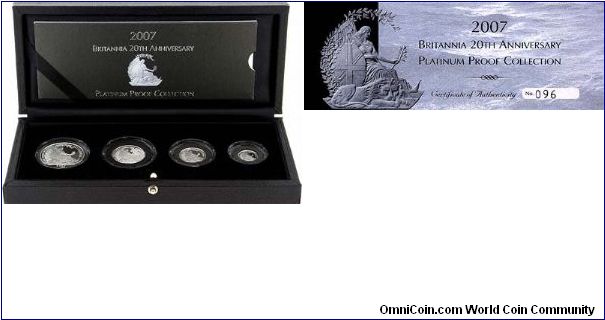 Four-coin platinum Britannia proof collection in box, also photo of certificate. The set contains one ounce, half, quarter and tenth ounce sizes.
