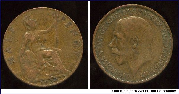 1924
1/2d Halfpenny
Brittania seated holding trident
George V 1911-1936