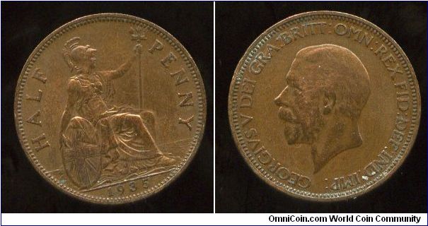 1935
1/2d Halfpenny
Brittania seated holding trident
George V 1911-1936