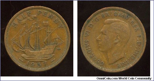 1937
1/2d Halfpenny
The Golden Hind
George VI 1936-1952
