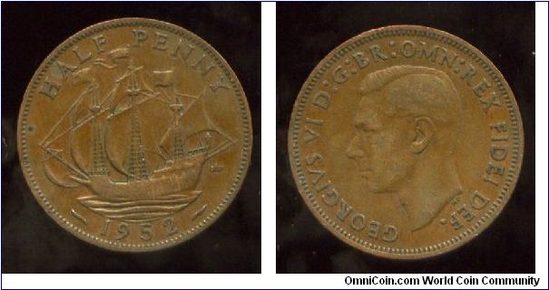 1952
1/2d Halfpenny
The Golden Hind
George VI 1936-1952