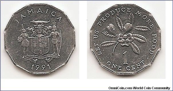 1 Cent
KM#64
1.2000 g., Aluminum, 20.05 mm. Ruler: Elizabeth II Series:
F.A.O. Obv: Arms with supporters Rev: Ackee fruit above value
Edge: Plain