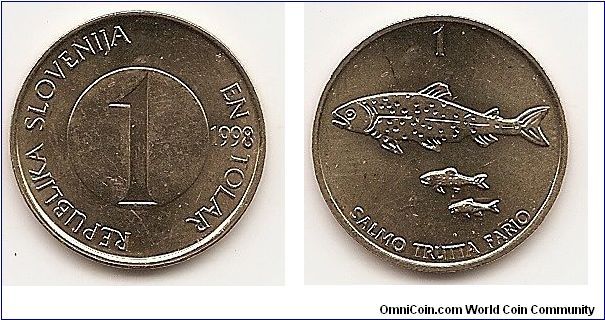 1 Tolar
KM#4
4.5000 g., Nickel-Brass, 22 mm. Obv: Value within circle Rev: Three brown trout Rev. Legend: SALMO TRUTTA FARIO Edge: Reeded