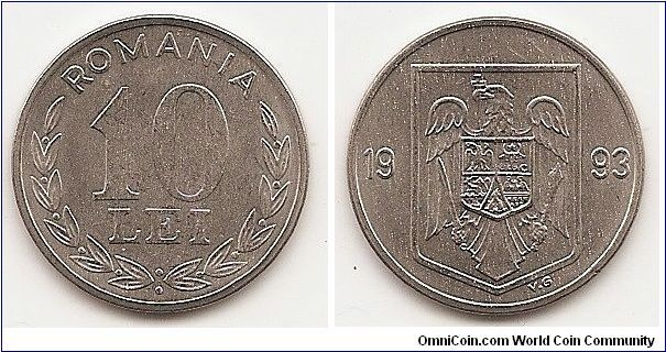 10 Lei
KM#116
4.7000 g., Nickel-Clad Steel, 23 mm. Obv: Value within sprigs
Rev: Shield divides date Edge: Plain