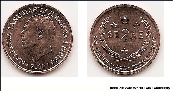 2 Sene 
KM#122
3.9400 g., Bronze, 19.25 mm. Series: F.A.O. Obv: Head left
Rev: Stars and value within wreath Edge: Plain