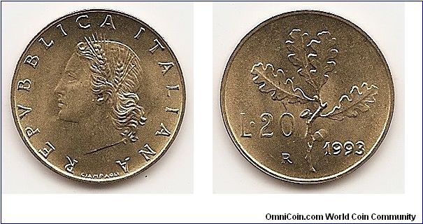 20 Lire
KM#97.2
3.6000 g., Aluminum-Bronze, 19.63 mm. Obv: Wheat sprigs within
head left Rev: Oak leaves divide value and date Edge: Plain