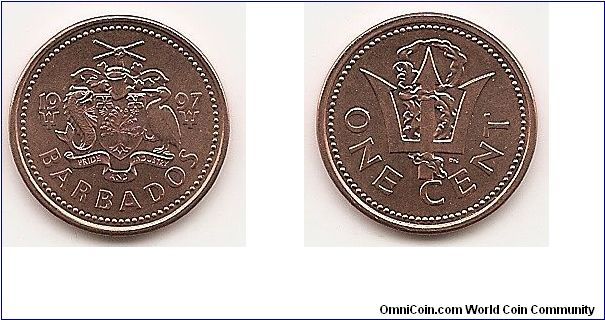 1 Cent
KM#10a
2.5000 g., Copper Plated Zinc, 19 mm. Obv: National arms Rev:
Broken trident above value Edge: Plain