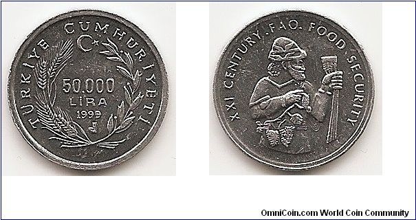 50000 Lira
KM#1103
1.5000 g., Aluminum, 20 mm. Series: F.A.O Obv: Value and date
within wreath Rev: Ancient vintner Edge: Plain Mint: Istanbul
