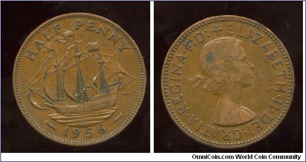 1956
1/2d Halfpenny
The Golden Hind
Queen Elizabeth II  1953-