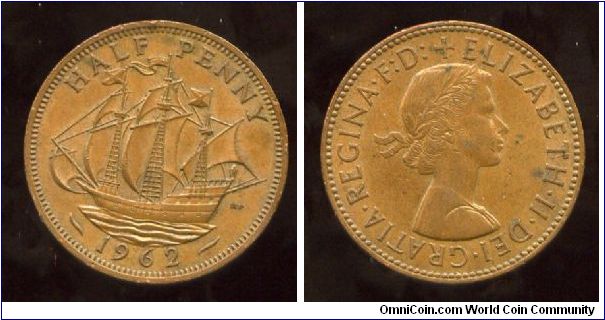 1962
1/2d Halfpenny
The Golden Hind
Queen Elizabeth II  1953-