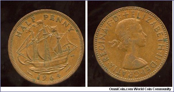 1964
1/2d Halfpenny
The Golden Hind
Queen Elizabeth II  1953-