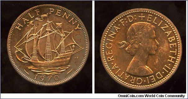1970
1/2d Halfpenny
The Golden Hind
Queen Elizabeth II  1953-