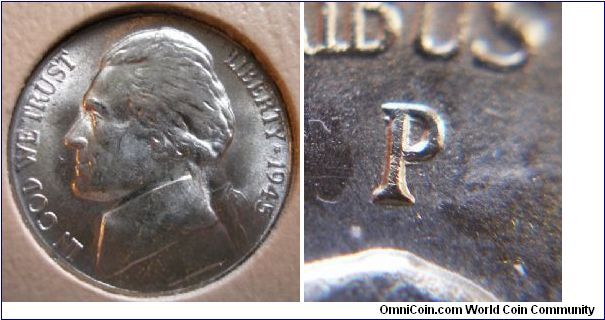 1945P Silver Jefferson Nickel RPM#5
Full Steps BU Raw