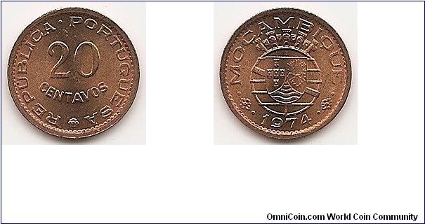 20 Centavos -Portuguese colony-
KM#88
1.8000 g., Bronze, 16 mm. Obv: Value Rev: Arms within
crowned globe Edge: Plain Note: Reduced size.