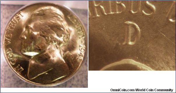 1945D Silver Jefferson Nickel ANACS MS65 unattributed RPM#13,
Purchased 1/31/07 ebay