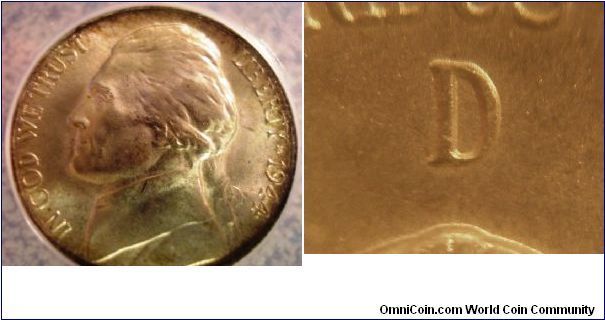 1944D Silver Jefferson Nickel ANACS MS65 D/D
(RPM#6 I believe)
purchased 10/10/07
