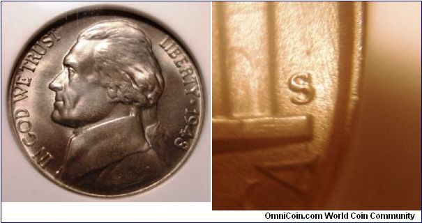 1948S Jefferson Nickel ANACS MS65 S/S DDR-002, RPM#4