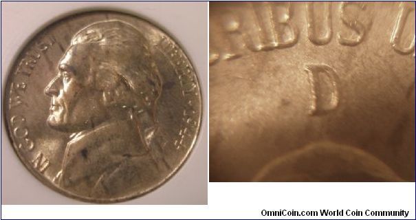1944D Silver Jefferson Nickel ANACS MS66 D/D(RPM#4 I Believe)