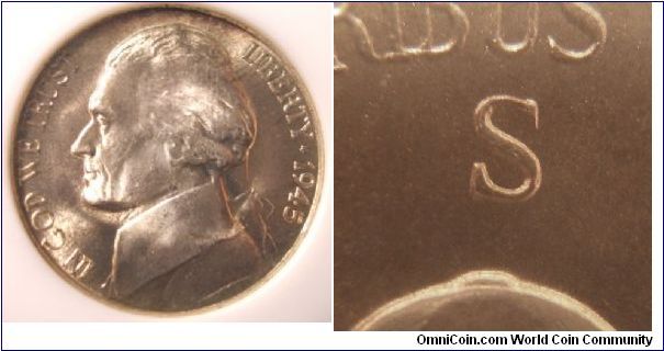1945S Silver Jefferson Nickel ANACS MS66 S/S RPM#10, ANACS# 983766
