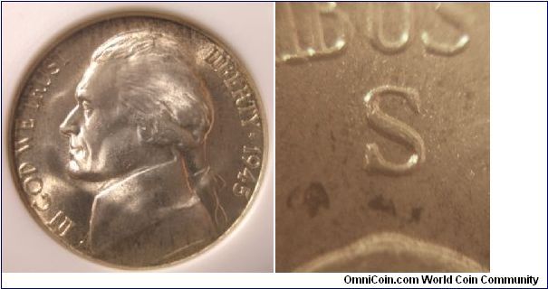 1945S Silver Jefferson Nickel ANACS MS66 S/S RPM#10, ANACS# 598670
