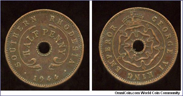 Southern Rhodesia 
1944
1/2d Halfpenny
Country, value & date
Crown above Rose