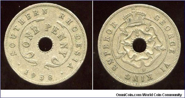 Southern Rhodesia 
1938
1d Penny
Country, value & date
Crown above Rose