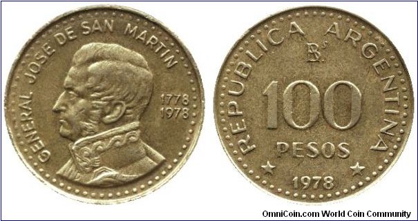 Argentina, 100 pesos, 1978, Al-Bronze, 1778-1978, 200th Anniversary of Birth of Jose de San Martin.                                                                                                                                                                                                                                                                                                                                                                                                                 