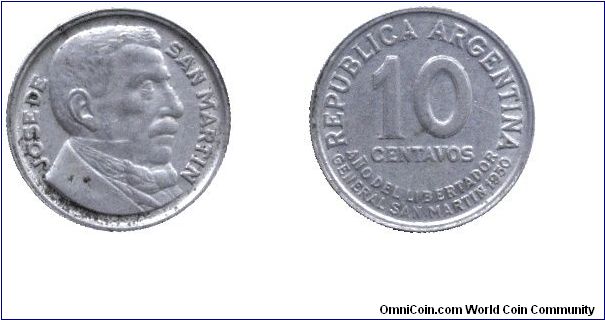 Argentina, 10 centavos, 1950, Cu-Ni, Ano del Libertador General San Martin.                                                                                                                                                                                                                                                                                                                                                                                                                                         