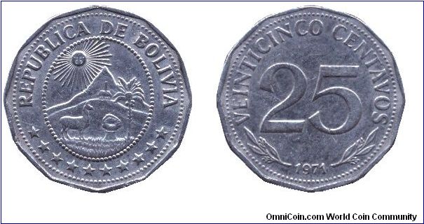 Bolivia, 25 centavos, 1971, Ni-Steel.                                                                                                                                                                                                                                                                                                                                                                                                                                                                               