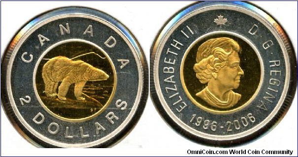 2006 Silver Proof
$2 Twooney
10th Anniversery of the Twooney
Bi-Metalic
Polar Bear
QEII