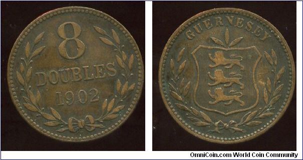 1902h
8 doubles 
Value & date in wreath
Coat of arms on shield in wreath