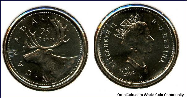 2002 
25 cents
1952-2002 Golden Jubilee
Caribou
QEII