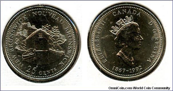 1992 
25 cents
1867-1992 
125 annivesary of confederation. 
New Brunswick
QEII