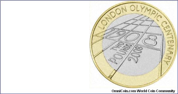 Two pound coin to commemorate the centenary of the 1908 London Olympic Games (the 4th Olympiad), ahead of the 2012 London Games.