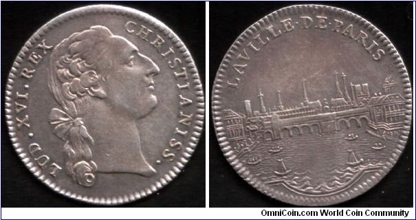 silver jeton minted for members of Paris Municipal Council. Young bust of Louis XVI obverse. City view reverse.