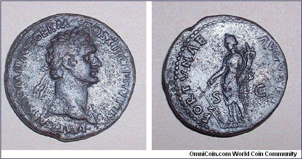 DOMITIAN - As -IMP CAES DOMIT AVG GERM COS XIII CENS PER P P, laureate head right / FORTVNAE AVGVSTI S-C, Fortuna standing left holding a cornucopia and a ship's rudder. mm. 29,3 grs. 10,5