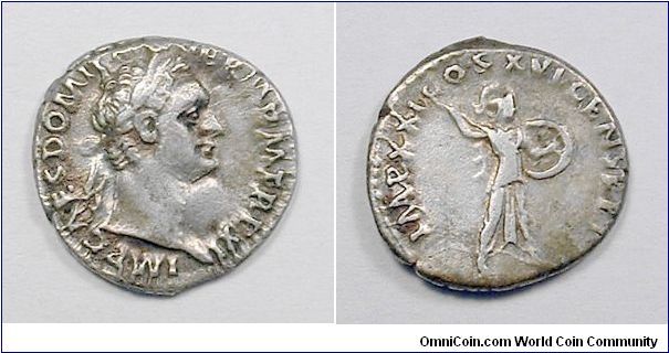 DOMITIAN - Denarius - IMP CAES DOMIT AVG GERM P M TR P XI, laureate head right / IMP XXI COS XVI CENS P P P, Minerva right with javelin and sheild. Mm 18,4 grs 3,28