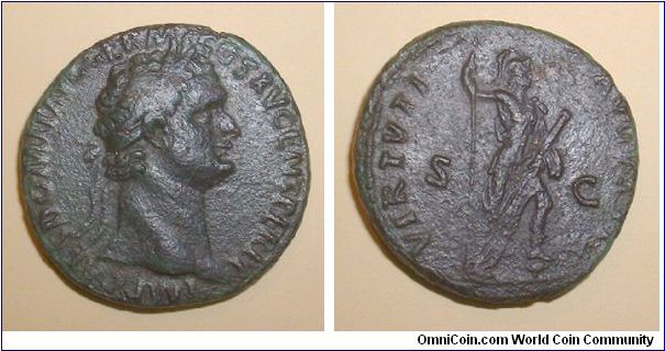 DOMITIAN - As - 90/91 AD - IMP CAES DOMIT AVG GERM COS XV CENS PER P P, laureate head right / VIRTVTI AVGVSTI, S C across field, Virtus standing right, holding parazonium and sceptre, left foot on helmet. 
Mm. 25,8 grs. 9