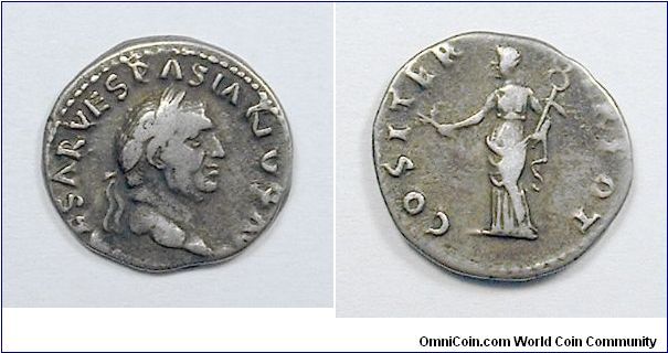 VESPASIAN -  Denarius - IMP CAESAR VESPASIANVS AVG, laureate head right / COS ITER TR POT, Pax standing left with branch and caduceus. Mm. 18,1 grs 3,1